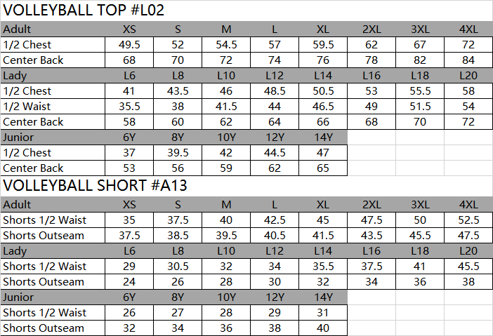 volleyball top and shorts size chart