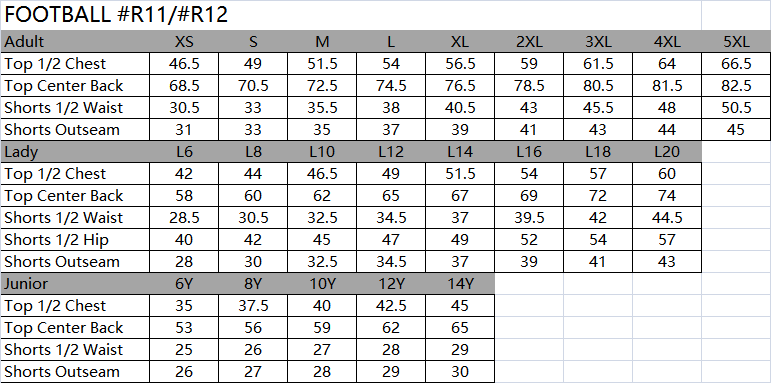 SIZE CHART SPORTSWEAR